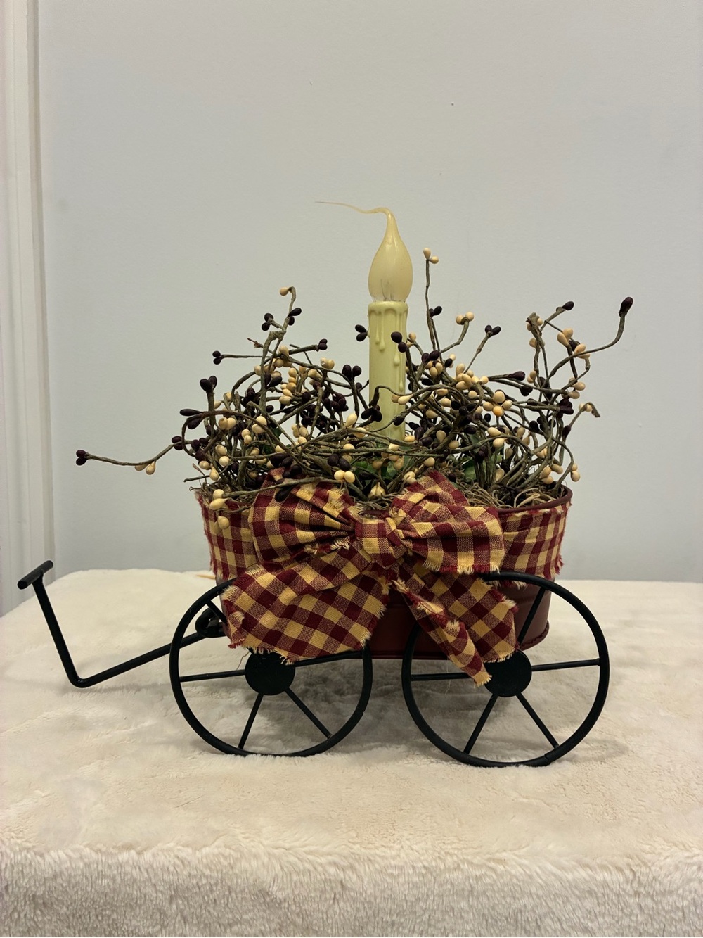 Rustic Wagon Candle Centerpiece with Red Gingham Bow Primitive Farmhouse Decor - Picture 5 of 5